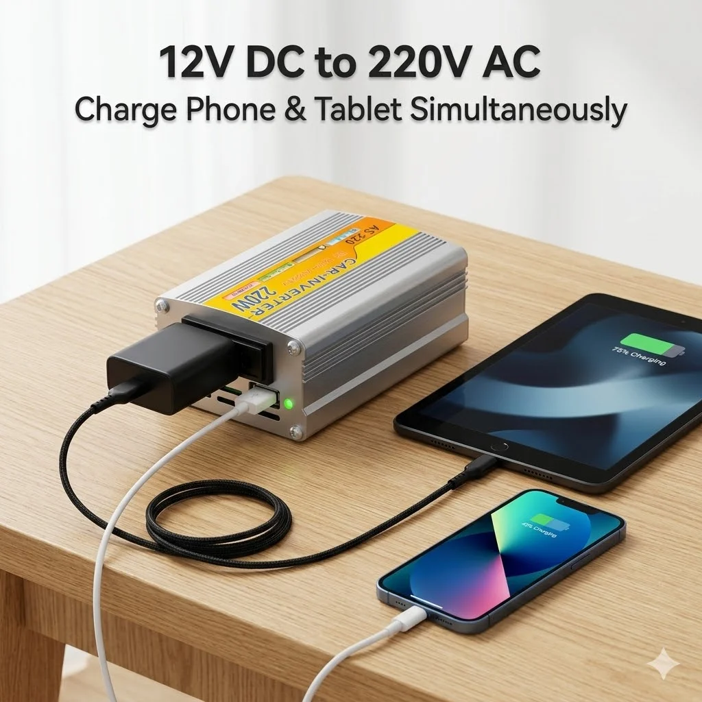 220W 차량용 인버터 DC 12V에서 AC 220V로 변환하는 고출력 전력 변환기, USB 포트 장착, 휴대폰 충전에 적합