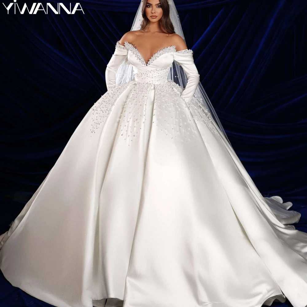 

Elegant Off The Shoulder Bridal Dress Glitter Sequins Pearls Wedding Gown Luxury Ball Gown Long Bride Robe Vestido De Novia