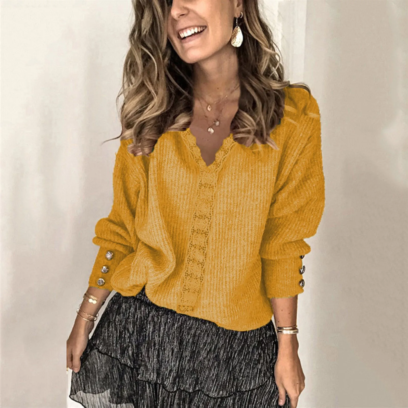

Women V Lace Long Sweater Pullovers Neck Sleeve Elegant Solid Lady Color Knitted Tops Knitted Cross Tops Jumper Vintage Coat
