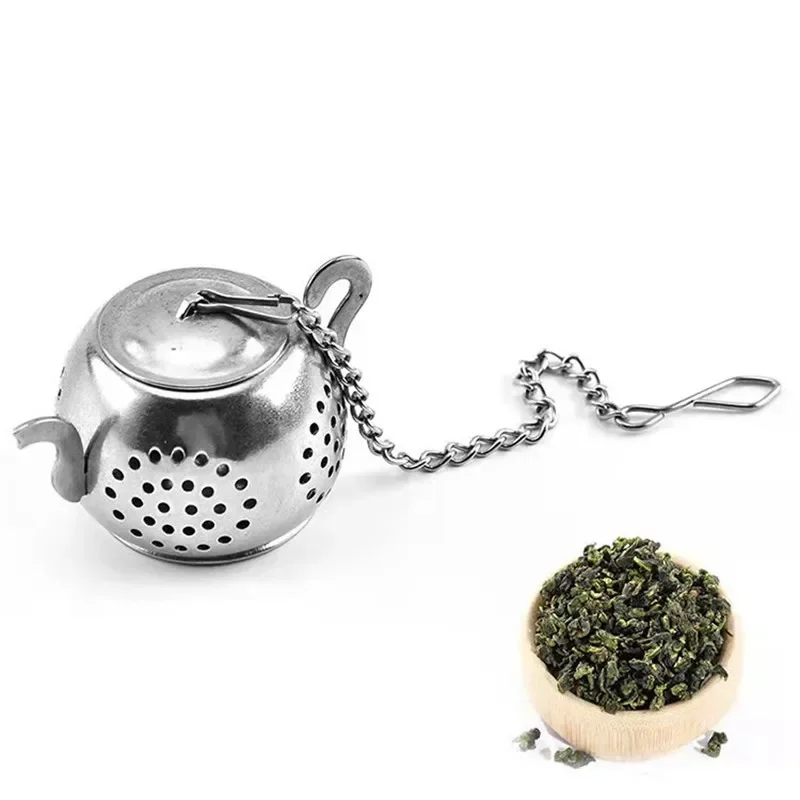 Description Picture 6 of itemMetal Tea Strainer Teapot Shape Loose Tea Stainless Steel Infuser Leaf Tea Maker Strainer Chain Drip Tray Herbal Spice Filter