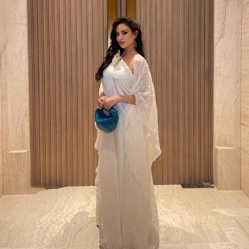 Jersey Flower Ruched Beach A-line Halter Bespoke Occasion Gown Long Dresses