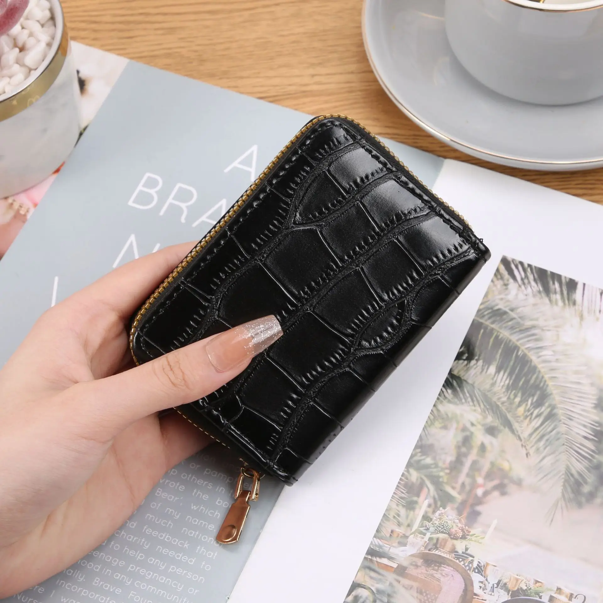 Vintage Small Women Crocodile Card Holder Wallets Leather rfid Zipper Coin Purse Credit Card Holder Driver's License Case