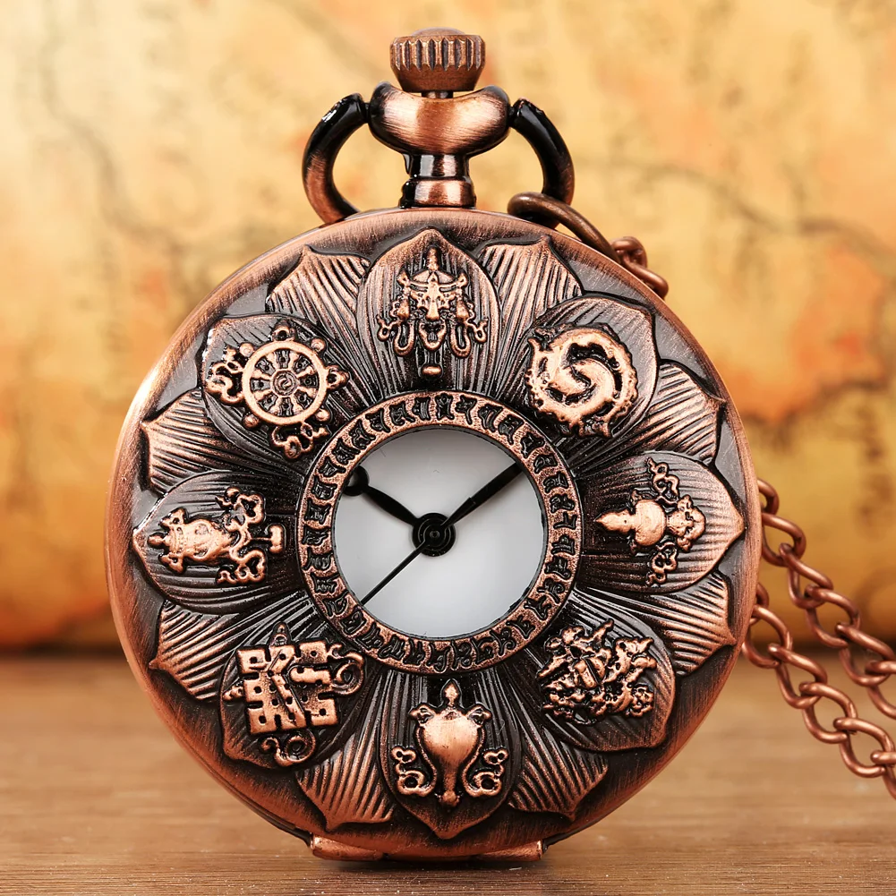 Reloj de bolsillo de cuarzo con patrón de loto para hombre y mujer, pulsera con colgante de cadena, Estilo Vintage, oro rosa, antiguo, Steampunk