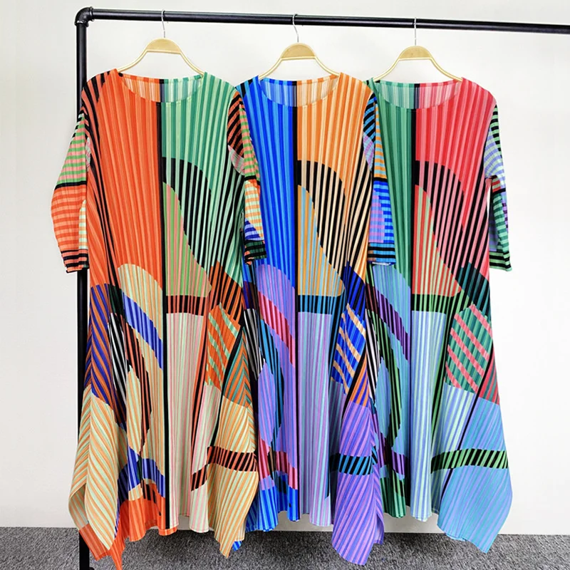 

ALSEY Miyake Striped Printing Pleated Dress for Women Summer Round Neck Plus Size Belt Dresses Female Elegant Clothing Autumn