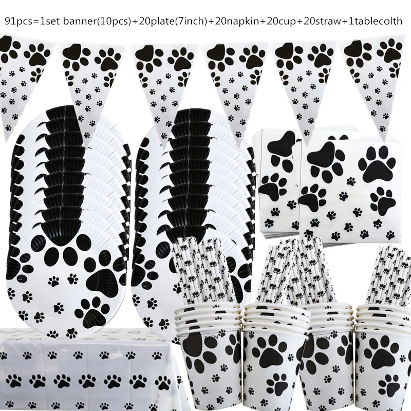 

Puppy Paw Themed Birthday Party Decorations black Dog Paw Party Supplies Print Banner Paper Plates Cups Napkins Balloons Globos