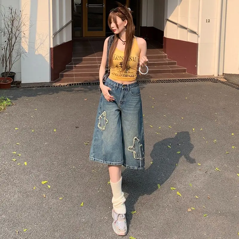 아메리칸 하이 스트리트 빈티지 와이드 레그 중간 길이 청바지Y2K 여성 여름 하이 웨이스트 플러스 사이즈 슬리밍 루즈 스트레이트 짧은 바지