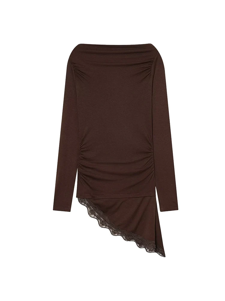 Women Solid Tee Shirts Fashion Asymmetrical Tee Elegant Boat Neck Blouse Long Sleeve Casual Lace Splice Chic Tops 2026 New