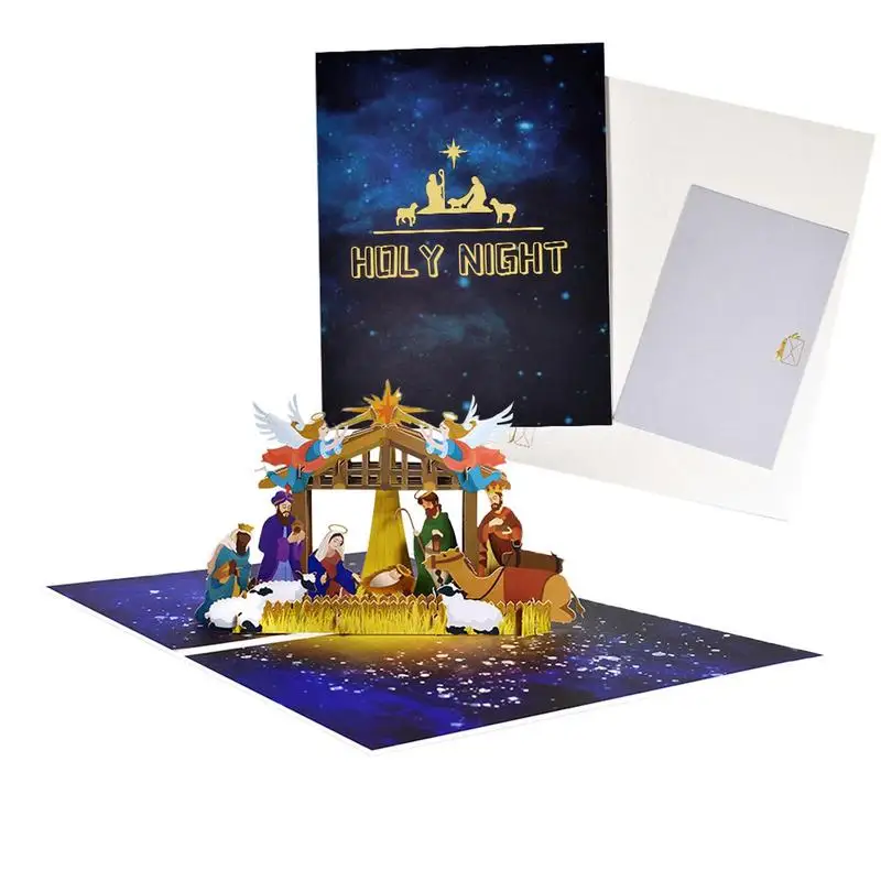 Merry Christmas Christian Jesus In Manger Outdoor Image 3D Pop Up Card Nativity Scene For Birthday Greeting