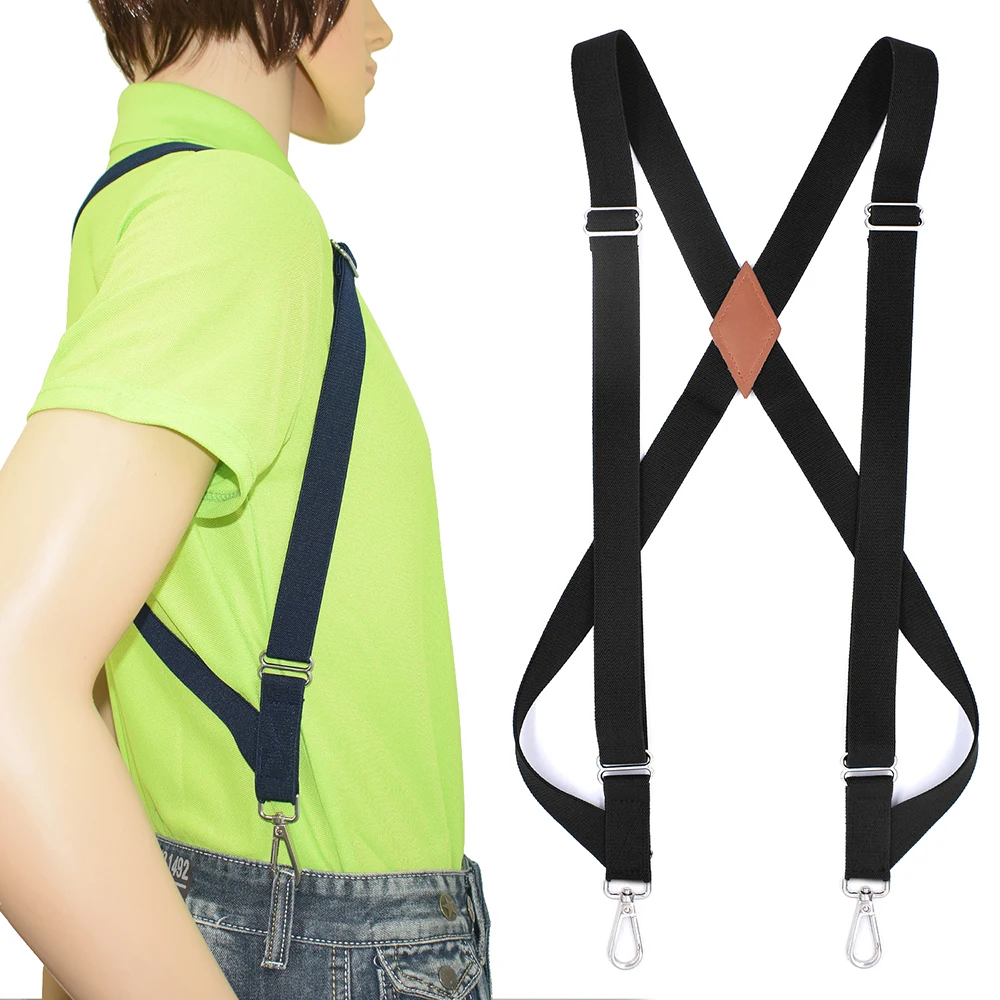Side Clip Trucker Suspenders for Men Work 2.5cm Wide X-back with 2 Snap Hooks Adjustable Elastic Heavy Duty Trouser Braces Black work suspenders