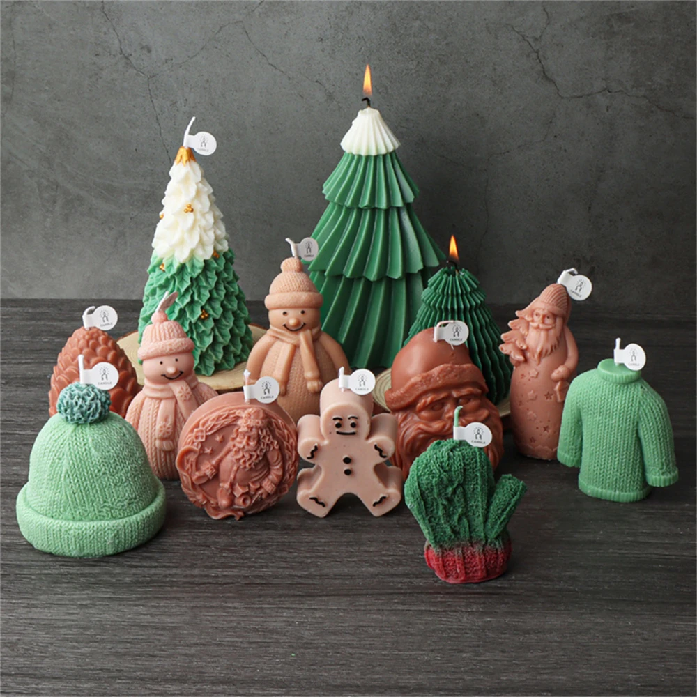 3D Christmas Theme Candle Silicone Mold Christmas Tree Santa Claus Pine Cones Gypsum Candle Soap Mold DIY Decor Tool