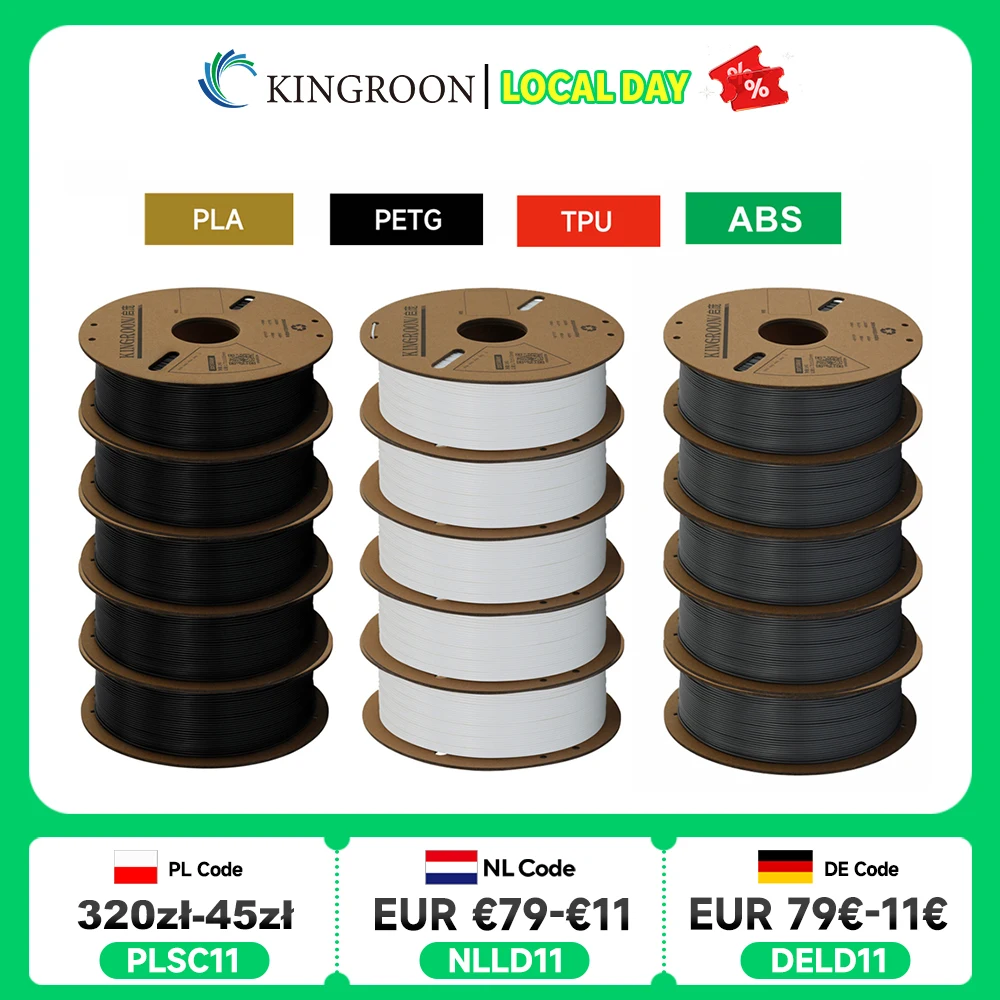 KINGROON 3D-Drucker-Filament PLA PETG TPU ABS 5 kg Bündel Schwarz Weiß Grau 1,75 mm Keine Blasen Kunststoff 5 Rollen 1 kg, zufällige Spule