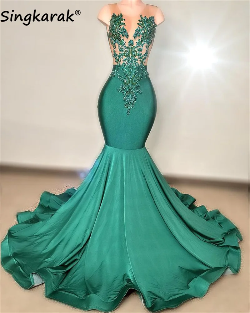 

New Arrival Green Diamonds Mermaid Prom Dress Sheer Glitter Bead Crystal Rhinestones Gown For Black Girls Evening Party Dress