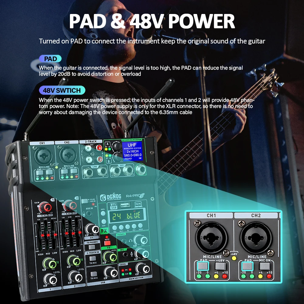 4 Channel Karaoke Audio Mixer Dual UHF Wireless Microphone USB Bluetooth DJ Mixer for Party Computer Studio Recording DGNOG
