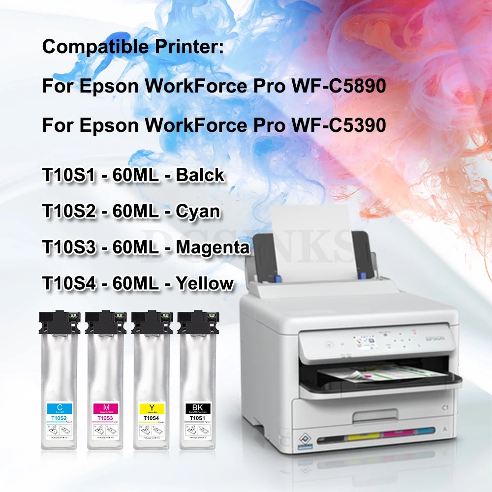 T10S1 T10S2 T10S3 T10S4 Ink Pack For Epson WorkForce Pro WF-C5390 WF-C5890 Printer Ink Cartridge With Chip Pigment Ink Bag 60ml