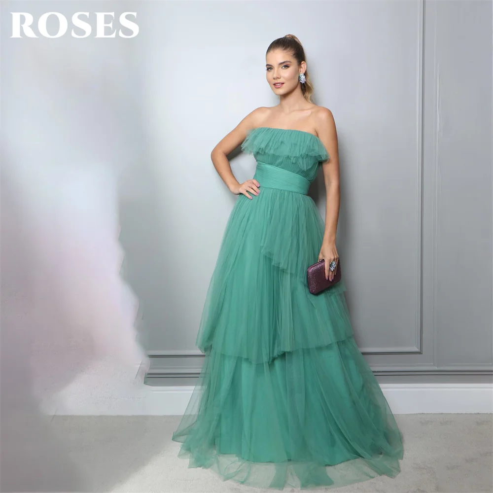 

ROSES A Line Green Formal Dress Tiered Pleat Party Dress For Wedding Net Strapless Special Occasion Dress With Belt robe soirée