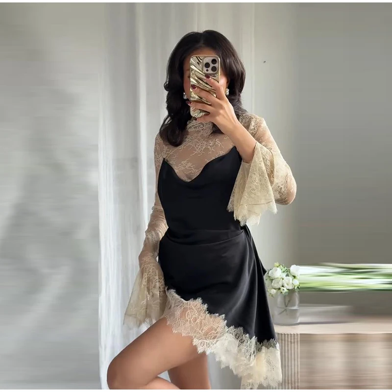 Elegant Satin Floral Lace Patchwork Mini Dress For Women Irregular Hem Long Sleeve Dresses Lady 2026 Chic Evening Party Vestidos