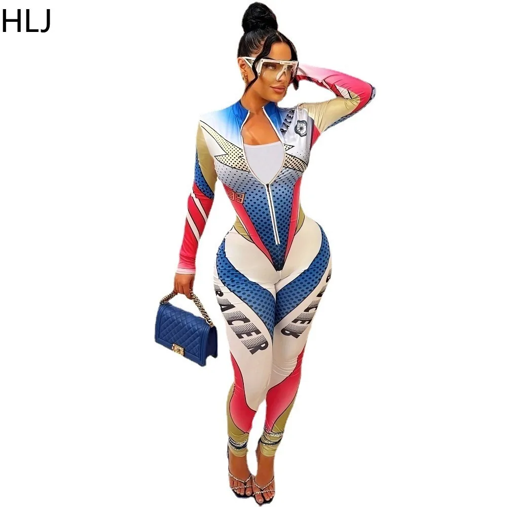 HLJ Fashion Letter Print Bodycon Sporty Jumpsuits Women V Neck Zipper Long Sleeve Slim Playsuits Casual Female One Piece Overall