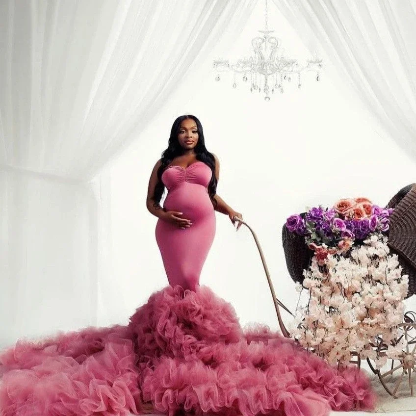 tulle mermaid maternity dress Dusty Pink Maternity Photoshoot Dress Tulle Rose Cape Mermaid Maternity Baby Shower Gown YW250074