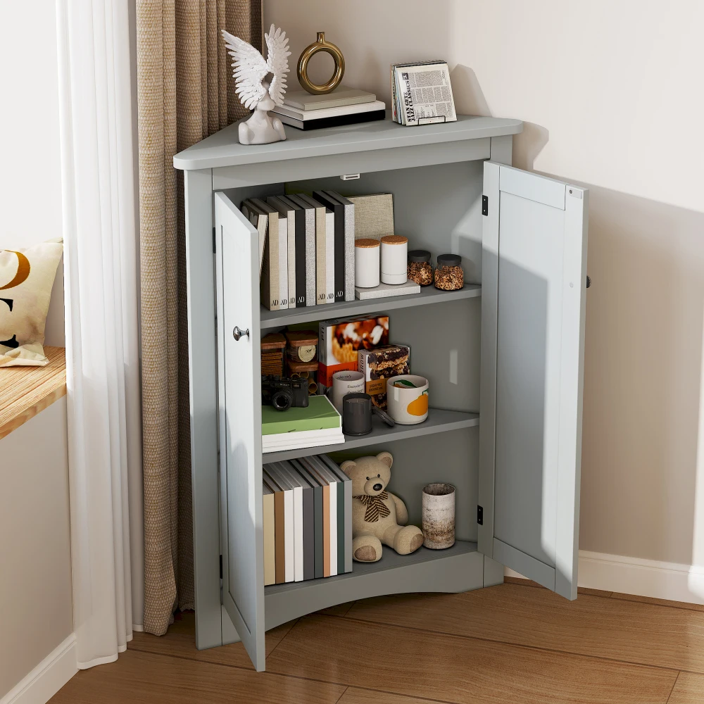 61,5 x 90 cm moderner Eckschrank für Badezimmer – freistehender 2-türiger dreieckiger Schrank mit 3 Ebenen, platzsparend für Badezimmer – Detail 29