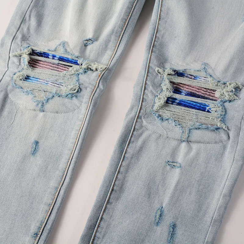 High Street Fashion Men's Jeans Retro Light Blue Elastic Tight Jeans Men's Patch Designer Hip Hop Brand Pants