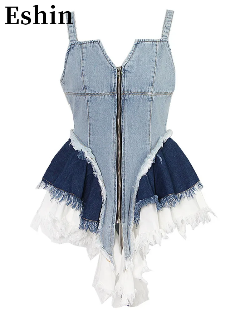 

Eshin Wind 2023 Summer New Style Color Contrast Panel Denim Zipper Hem Irregular Waist Pulling Dress Women's Trend TH4225