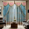 2pcs set HD Gold Lace Pink embroidery decoration simulation window curtain curtain Blue tie digital printed curtain Home Deco 1