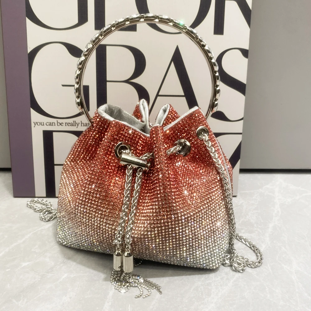 bags for women luxury Designer bucket clutch purse evening banquet bag  Crystal rhinestone shoulder bag gradient handbag