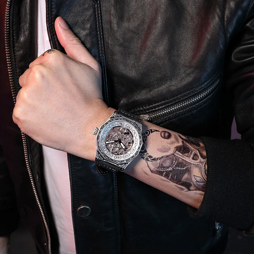 relojes para hombre Skeleton Waterproof watches for men Automatic Mechanical men's wrist watch steampunk with genuine leather