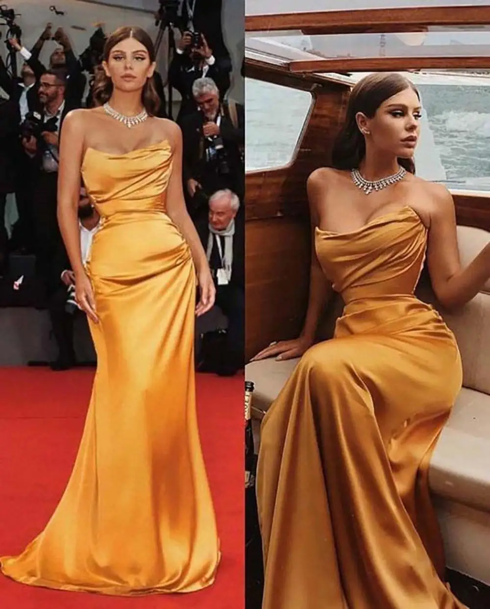 

Orange Sexy Formal Prom Dresses Strapless Sleeveless Satin Evening Gown Pleated Custom Made Floor-Length New Robes De Soirée
