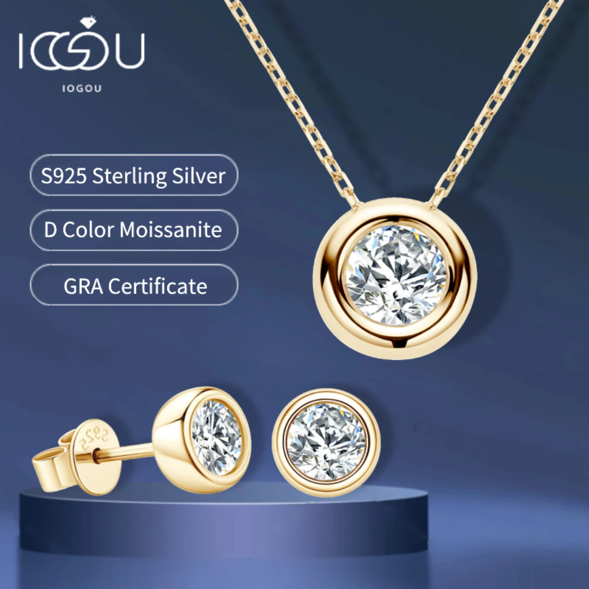 3ctw. D Color Moissanite Jewelry Set 925 Silver 18k Gold Plated Pendant Necklace Stud Earrings for Women Men Gift for Silver Jewelry Set Jewelry Set