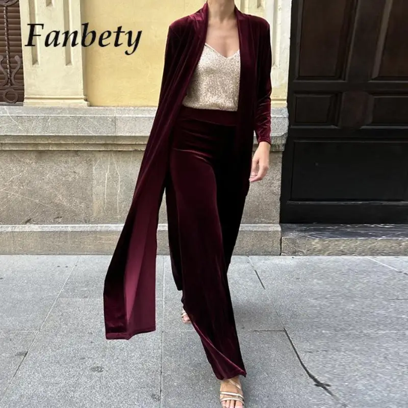 

Sexy Club Party Long Cardigan Coat + Long Pants Suits Women's High Street Sets Winter Fashion Velvet Women Outfits Two Piece Set