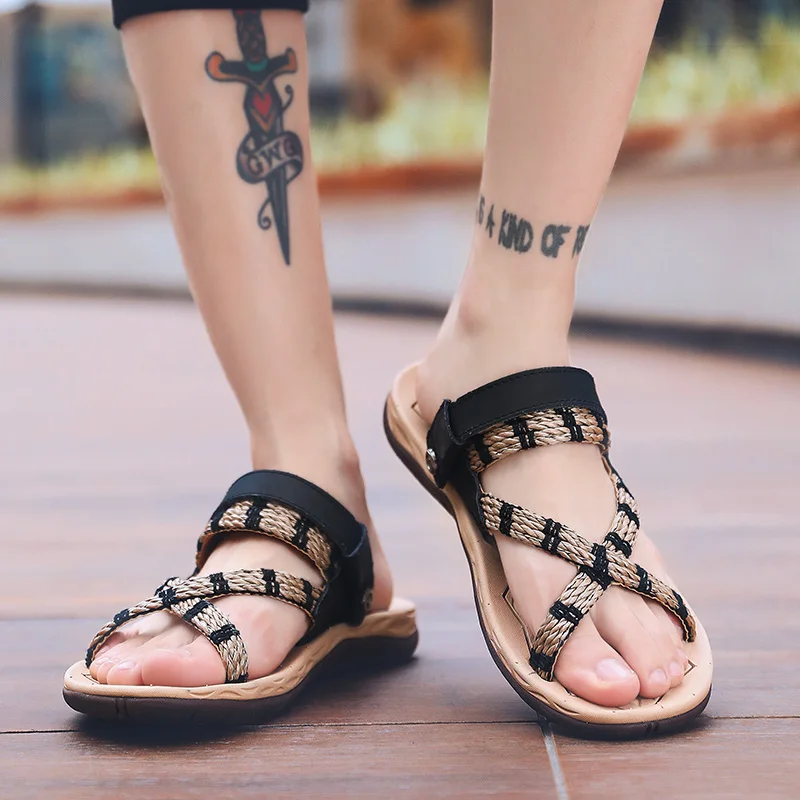 

Summer new men's leather casual shoes, woven sandals, outdoor beach shoes, fashion slippers