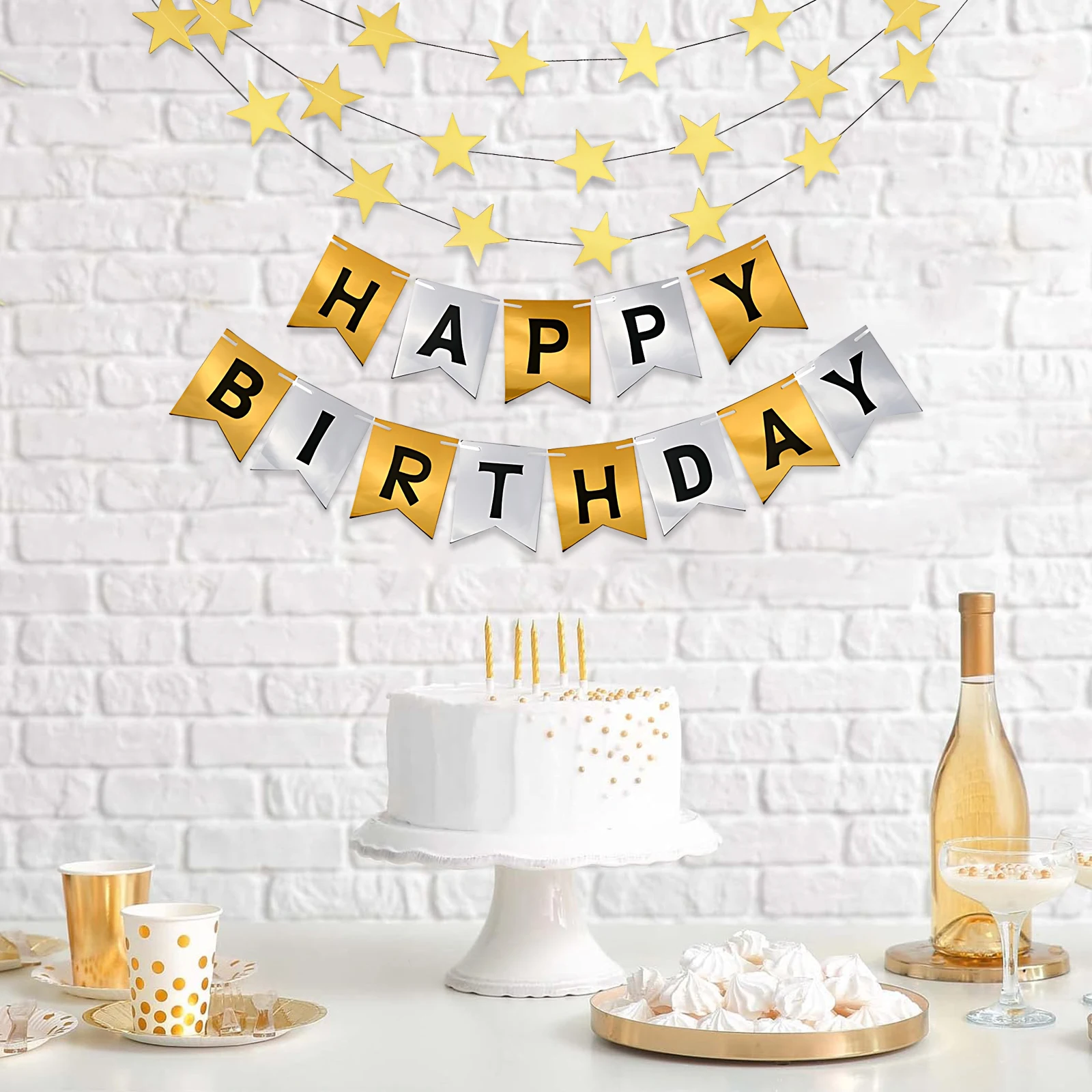 

3pcs Golden Garlands Happy Birthday Decal Disco Party Hanging Sign Decorations Settings Reusable Anniversary Accessories