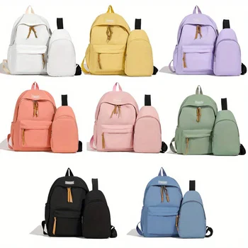 2pcs Bagset back to school Nylon Women Backpack Female Travel Bag Solid Color Large Capacity School Season Casual Schoolbag 1