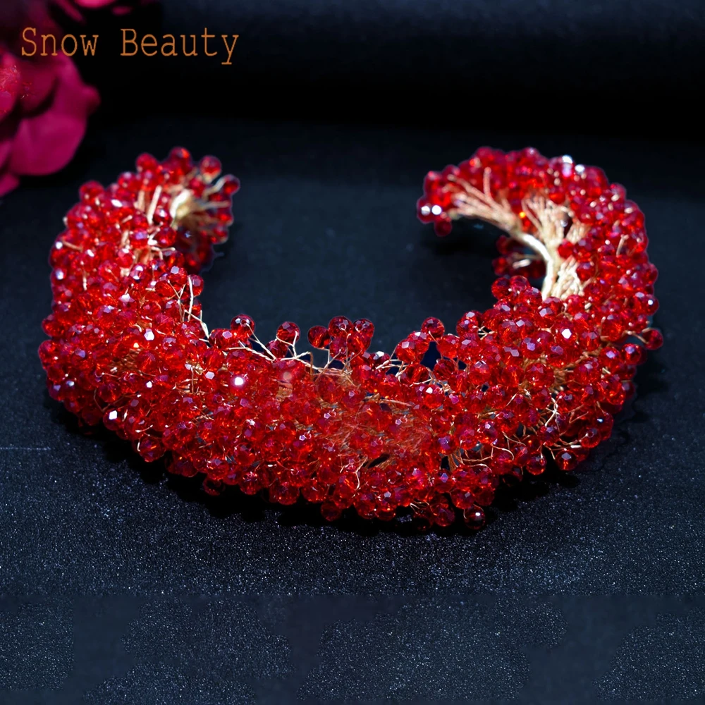 A416 Red Crystal Bridal Headband Flower Wedding Headpiece Elegant Bride Headdress Party Tiara for Women Tiara Headpieces
