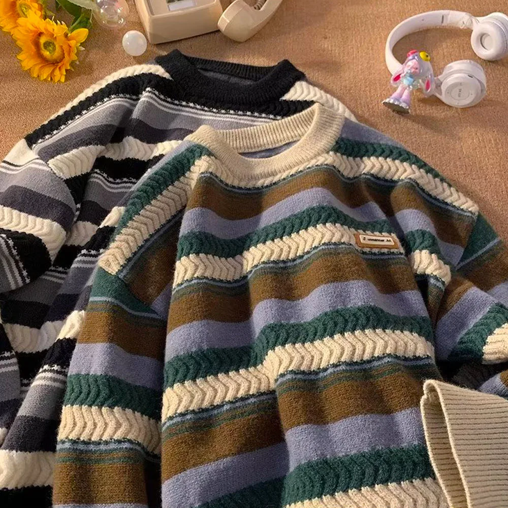 Women's Y2K Vintage Thick Striped Knit Sweater Shirts Pullovers Knitwear Sweatshirts Streetwear Jumper Men Korean Winter Clothes