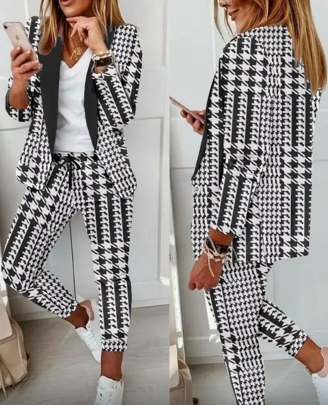 2023 Autumntwo Piece Sets for Women Houndstooth Print Blazer Coat & Drawstring Pants Tracksuits Casual Elegant Pants Set