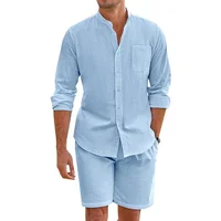 Daily Casual Breathable Cotton Linen Outfits Mens Vintage Stand Collar Button-up Shirts And Shorts Sets For Men Clothing Summer 5