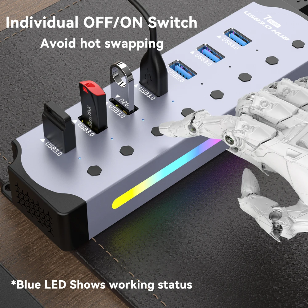 High Speed RGB 7 Ports USB 3.0 HUB Individual Switch 3.0 Adapter Multiport USB A Splitter Aluminum USB Hub For Computer Laptop 4