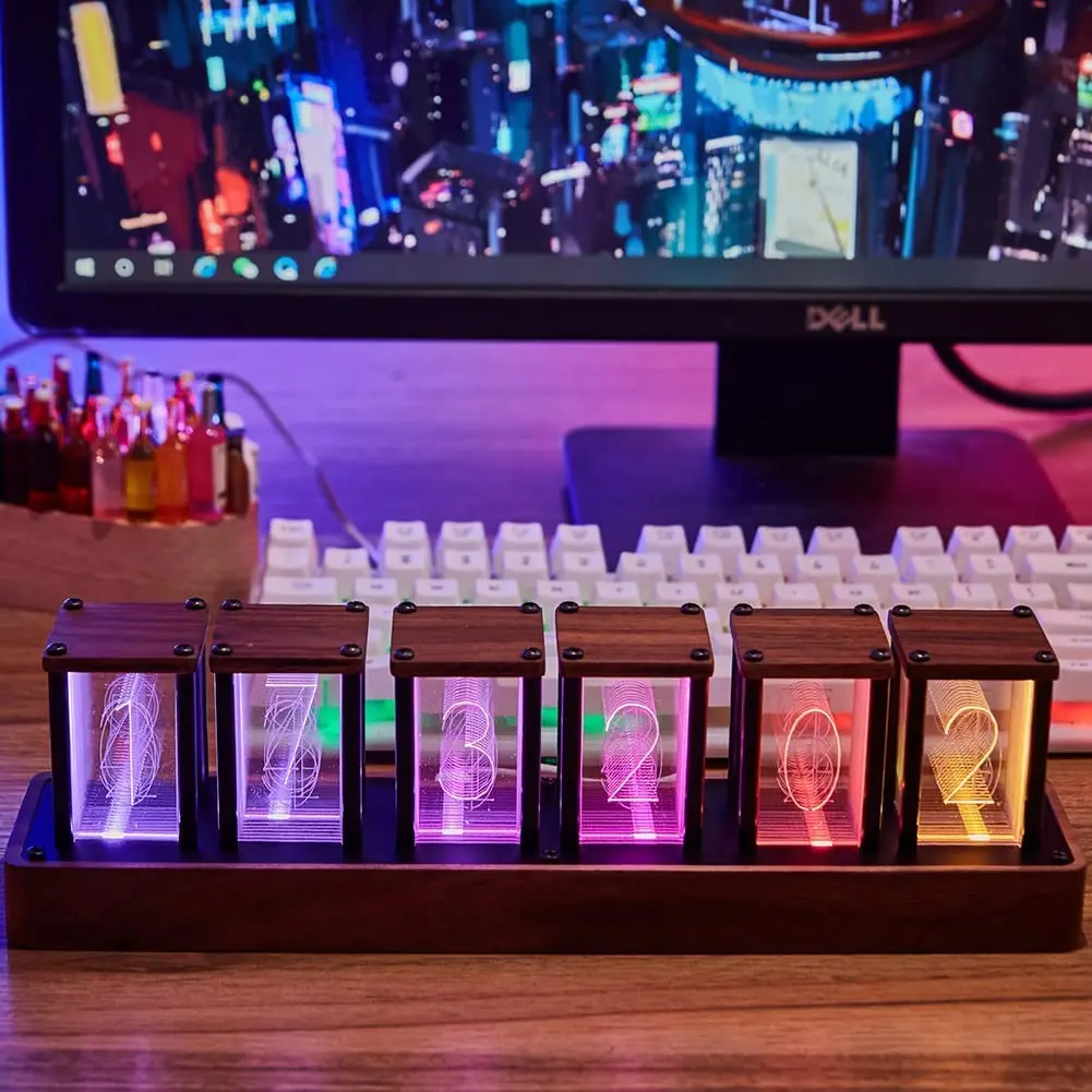 

Цифровые часы Nixie Tube с ореховым орехом, настольные часы «сделай сам» из дерева, креативные электронные настольные часы, бесшумные часы RGB, украшение, подарок