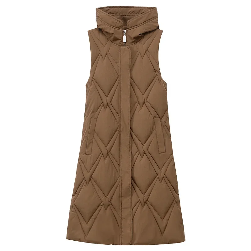 2022 Women's Long Winter Coat Vest Hooded Sleeveless Thick Warm Down Coat Pockets Quilted Vest Female Down Jacket Oversized Vest