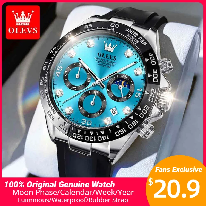 OLEVS – montres à Quartz pour hommes, chronographe analogique, Phase de lune, Silicone, diamant, étanche, lumineux 1