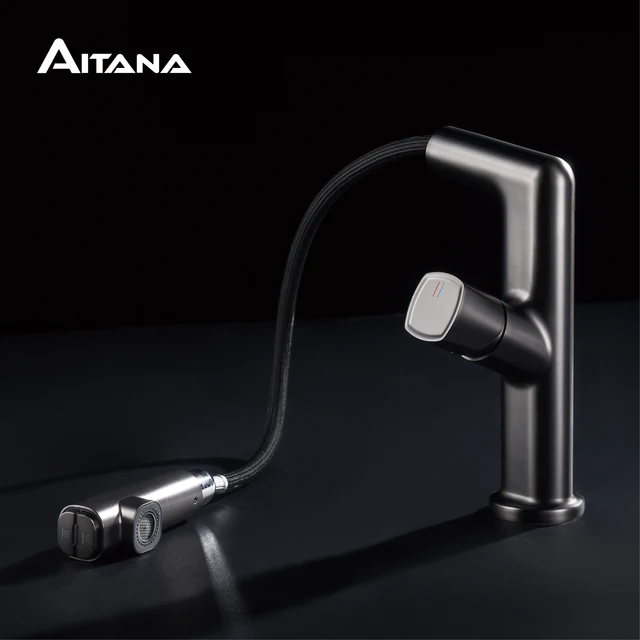 Aitana pengaduk baskom ก๊อกน้ำในห้องน้ำสีดำ LED แบบดิจิทัล, ดีไซน์เรียบง่ายด้ามจับแบบร้อนและเย็น 2