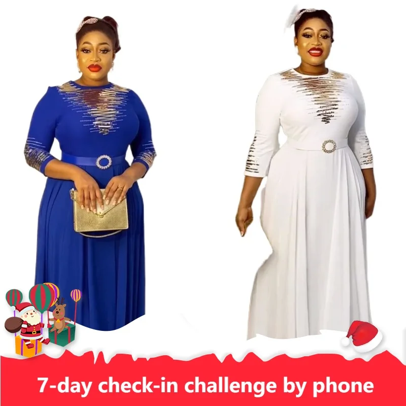 

African Dresses for Women Spring Autumn African 3/4 Sleeve Polyester White Green O-neck Long Dress Maxi Dress African Clothes