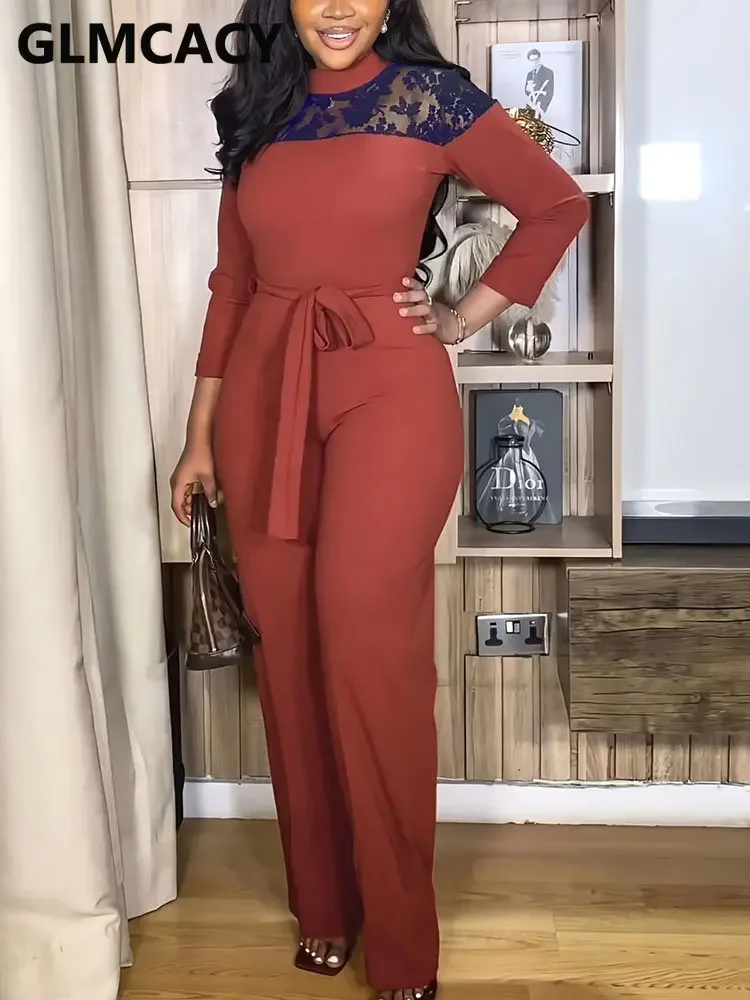 

Women Long Sleeve Lace Insert Elegant Slim Jumpsuits