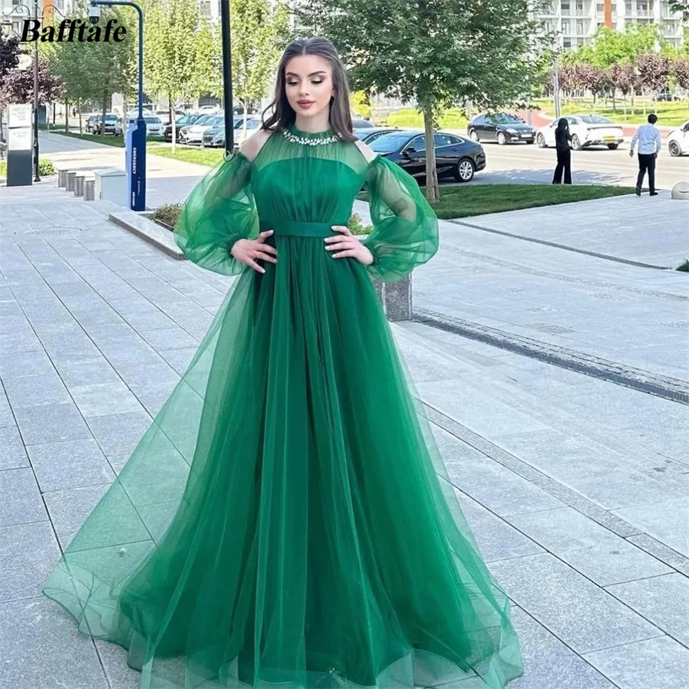 

Bafftafe Green Tulle A Line Prom Dresses Puff Long Sleeves Formal Party Dress Crystals O-Neck Women Evening Occasion Gowns