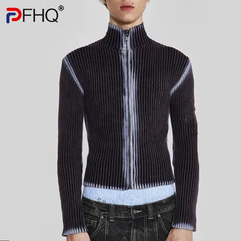 

PFHQ Men's Sweater Male Knits Tie-dye High Street Sleeveless Pullovers Turtleneck Top Zipper Cardigan 2023 Autumn Winter 9C3482