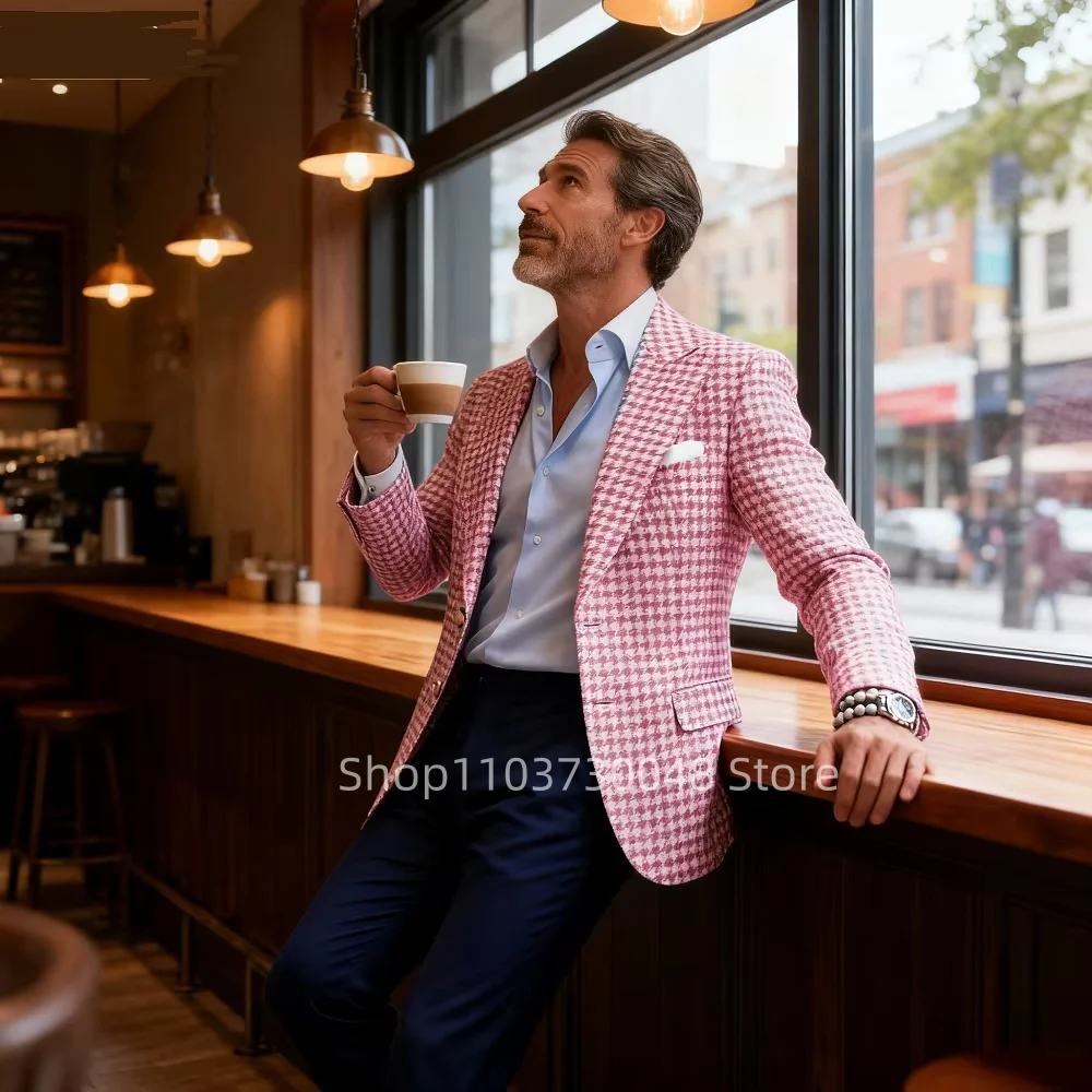 Men's Pink Houndstooth Woolen Blazer Casual Peak Lapel Collar Jacket for Autumn Winter Business Wedding Tuxedos Suits Coat