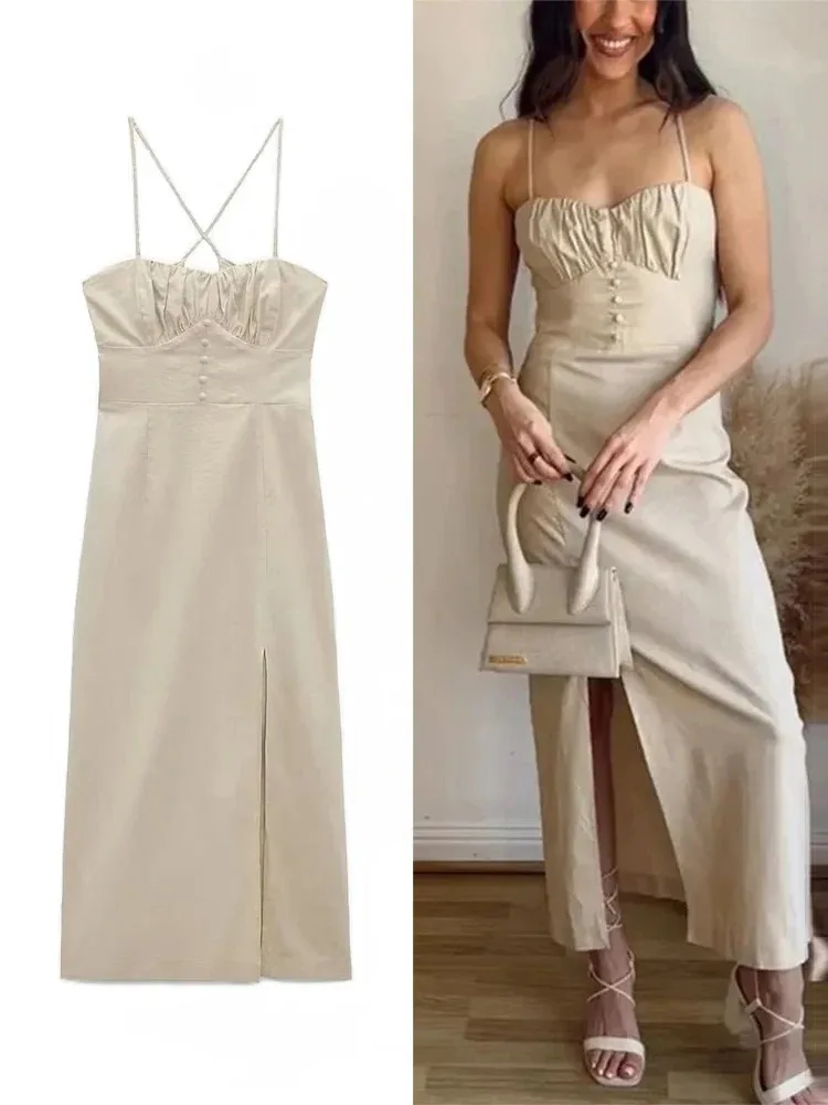 ZABA-Women-s-Fashion-Strapless-Gathering-Midi-Dresses-Sexy-Slit-Dresses ...