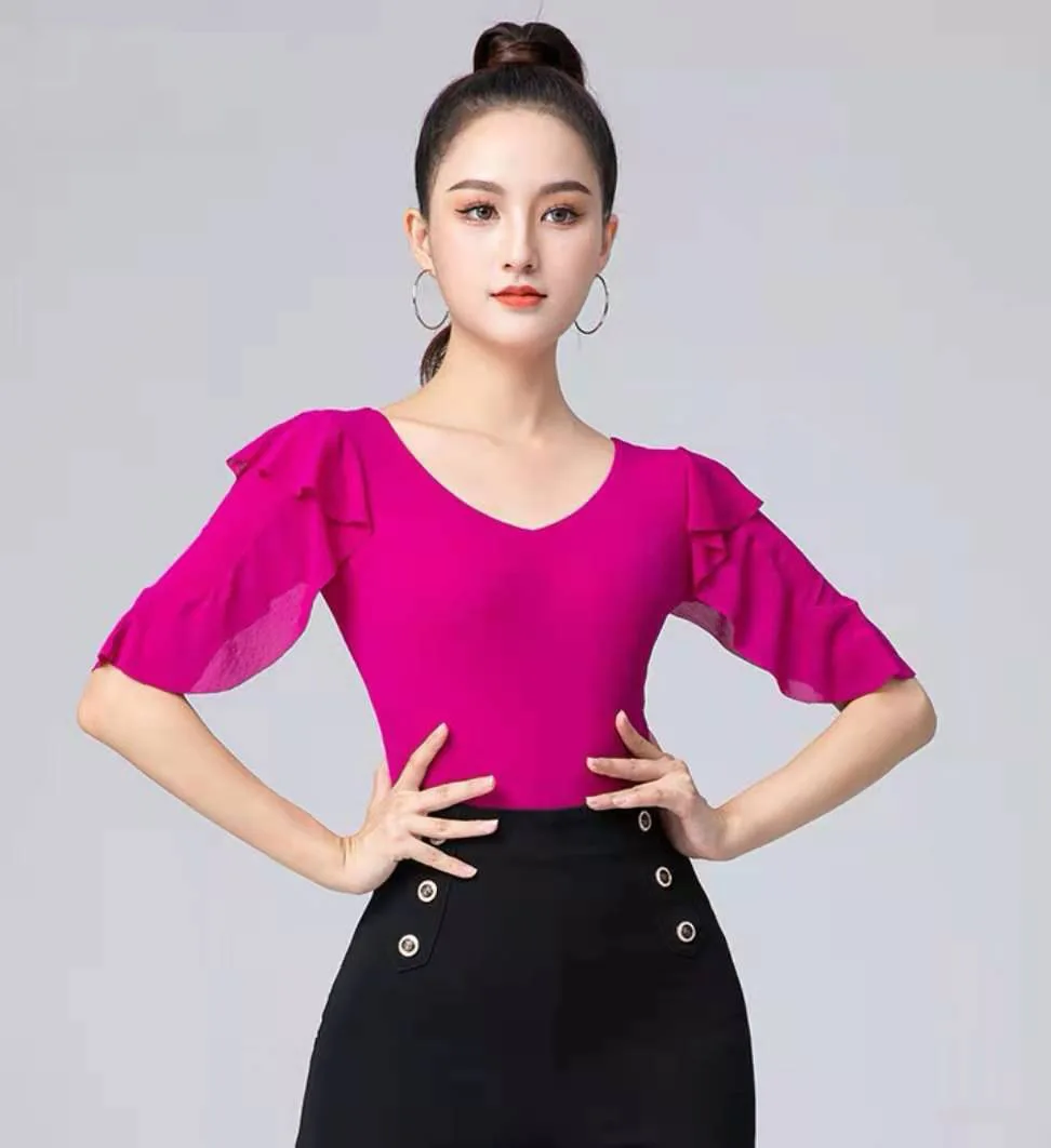 

2023 NEW Adult Women Dance Top Lady Modern Ballroom Costume Sexy V-neck Chiffon Dancewear 6 Colors